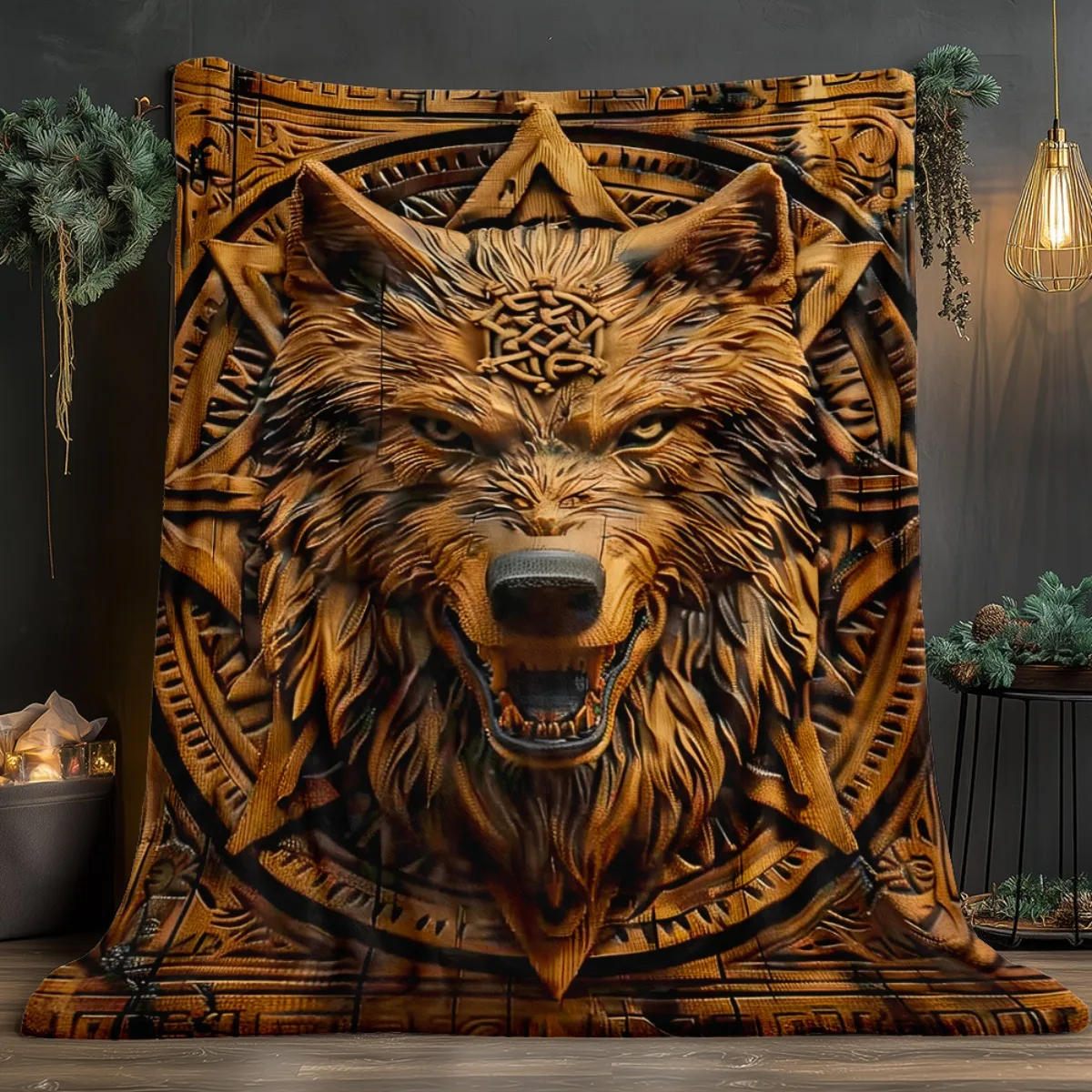 Wolf Tribal Pattern Wooden Carving Design 3D Print Fleece Blanket Soft Flannel Throw Men's Bedroom Decor Spirit Animal Gift