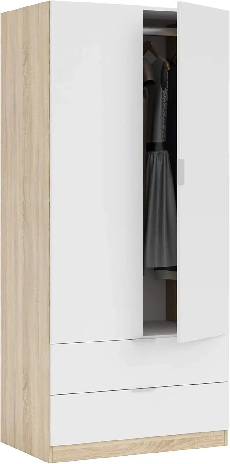 Armario de 2 Puertas y 2 cajones, Acabado en Color Blanco Artik y Roble Canadiense, Medidas: 81x 180 cm (Alto) x 52 cm (Fondo)