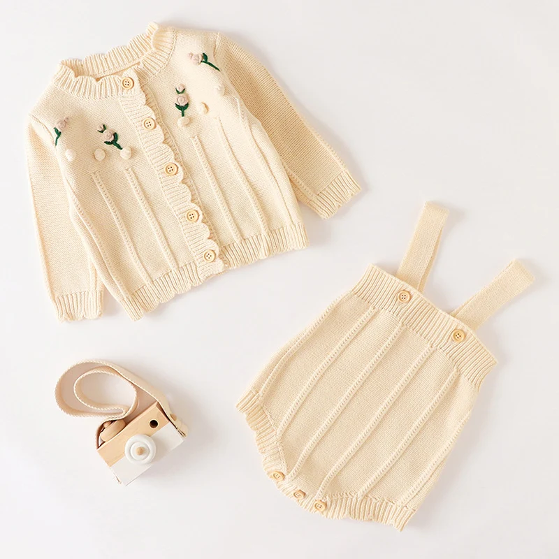 

Autumn Winter Toddler Baby Girls Knitted Clothes Set Long Sleeved Knitted Cardigan+Jumpsuit Children Knitted Clothing Suit
