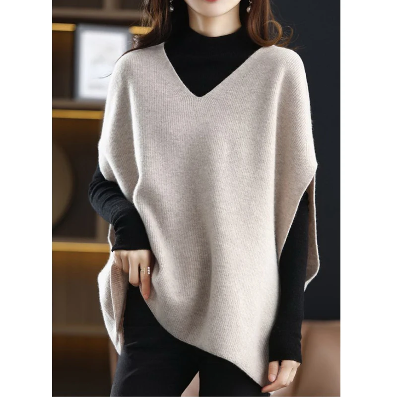 Pullovers Elegant Fashion Sleeveless Batwing Sleeve V-Neck Loose Warm Solid Knitted Tops Spring Autumn 2022 New Women\'s Sweater