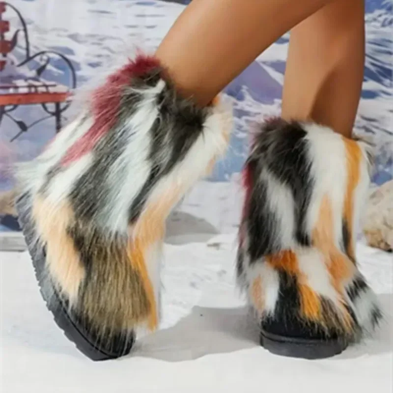 

Plush Women's Snow Boots Slip-On Warm Fur Winter Boots for Women Luxury Mid-calf Boots Woman Modern Designer Shoes Botas Mujer