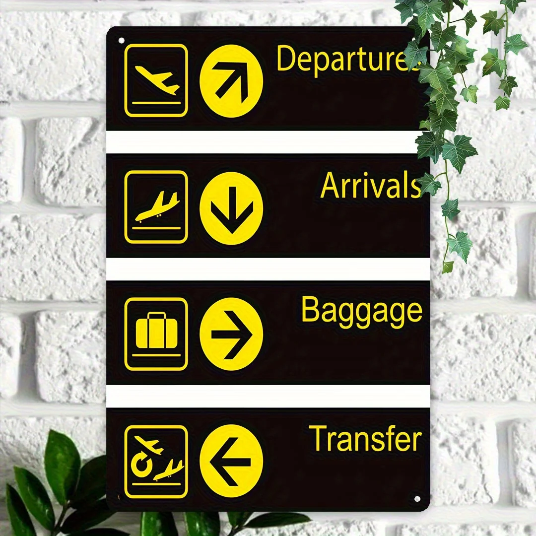 2D Flat, Vintage Airport-Themed Aluminum Metal Wall Sign - Departures/Arrivals Board with Baggage Claim & Customs Icons - Black