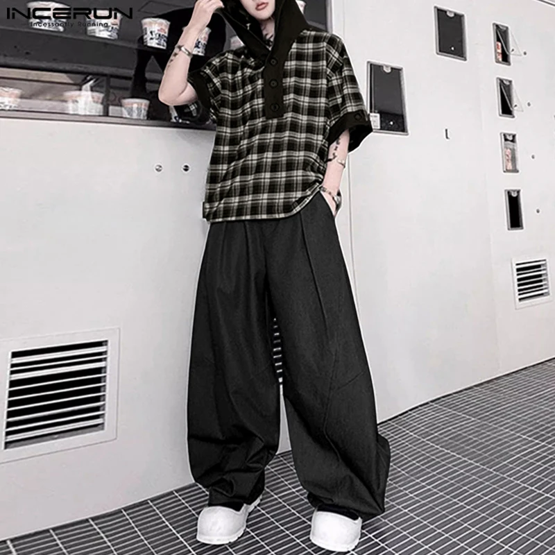 INCERUN Men Sets Plaid Patchwork Hooded Short Sleeve Hoodies & Pants Two Pieces Sets Streetwear 2025 Fashion Loose Men's Suits