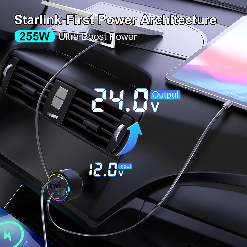 Autoladegerät für Starlink Mini, 255W 5-Port 60W 30V/2A DC-Anschluss & 100W USB-C PD Schnellladung für MacBook Pro iPhone17 Samsung S26 – Detail 4