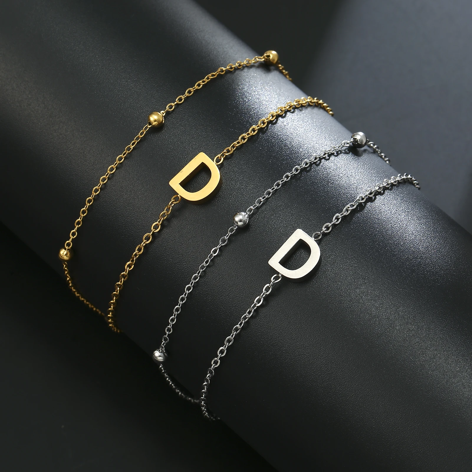 Stainless Steel Double Layer Chain Bracelets  A-Z Letter Bracelets Fashion Bead Chain Bracelets Women\'s Jewelry for Wedding Gift