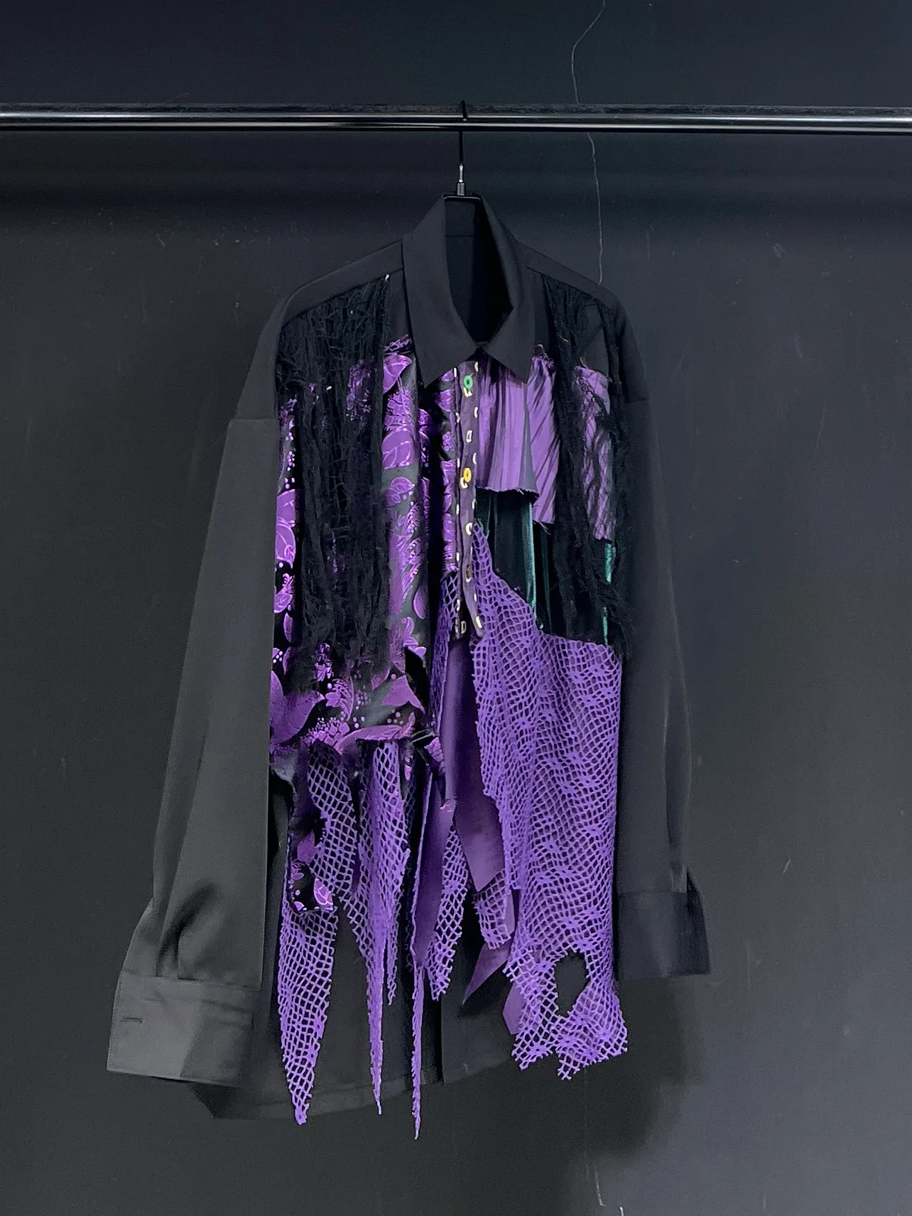 High Street Shirts Men's New Purple Patchwork Loose Casual Long Sleeved Streetwear Fashion Shirt Men Clothing