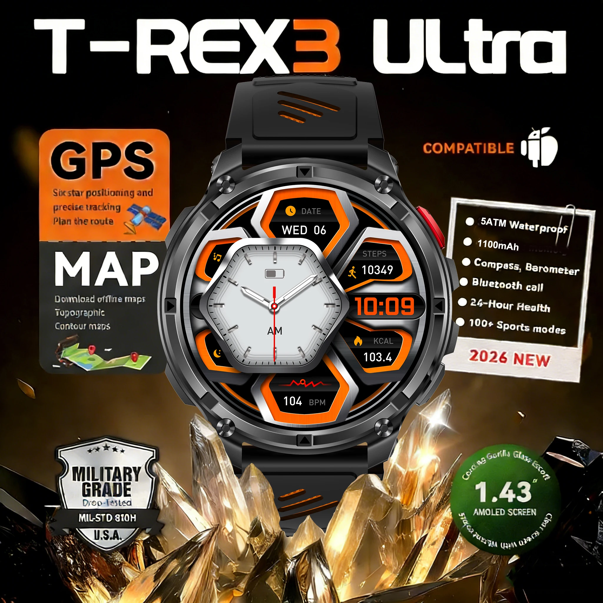 

Новые смарт-часы T-REX3 2026 года с аккумулятором 1100 мАч, водонепроницаемостью 10ATM, компасом, альтиметром, HD-Bluetooth-звонками, спортивным фонариком для мужчин