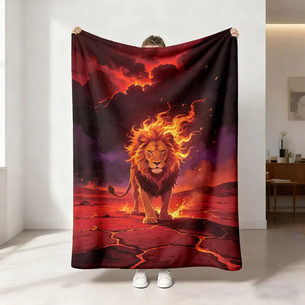 Vivid Lion King Roaring Fire Epic Fantasy Caveman Style Throw Blanket for Couch Decor 150x200cm