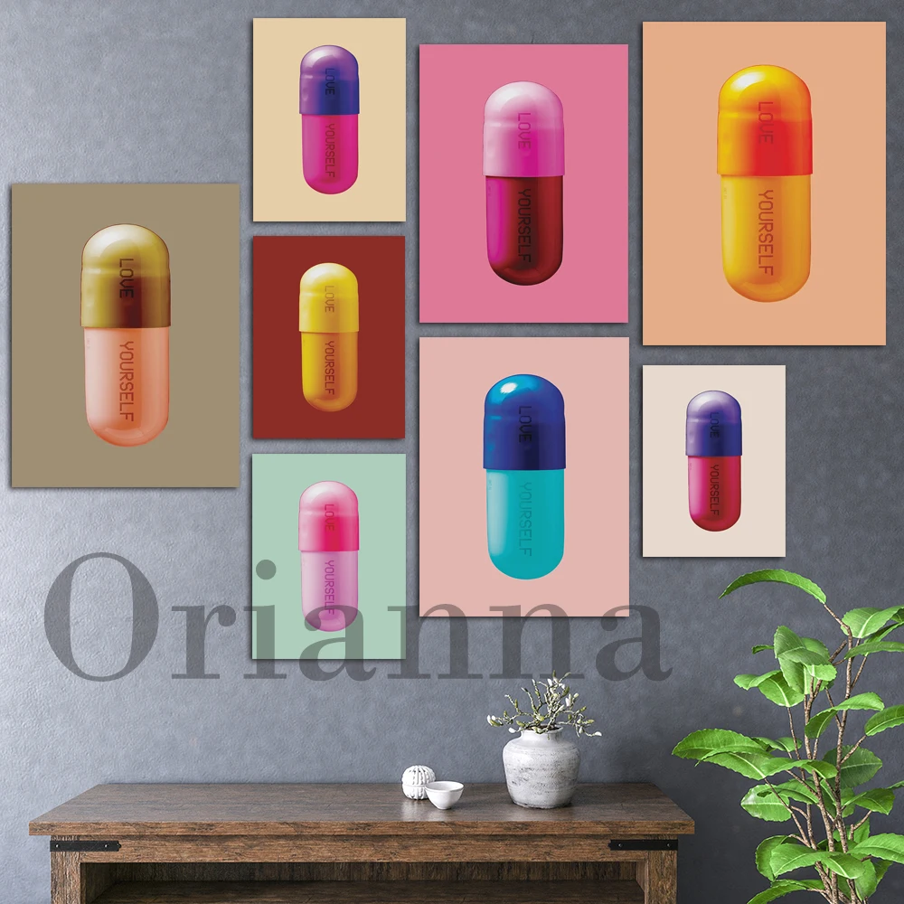 Pill The Cure Wall Art Print Love Yourself Pill Design Poster Damien Abstract Medical Art Canvas Painting Office Decor Pictures