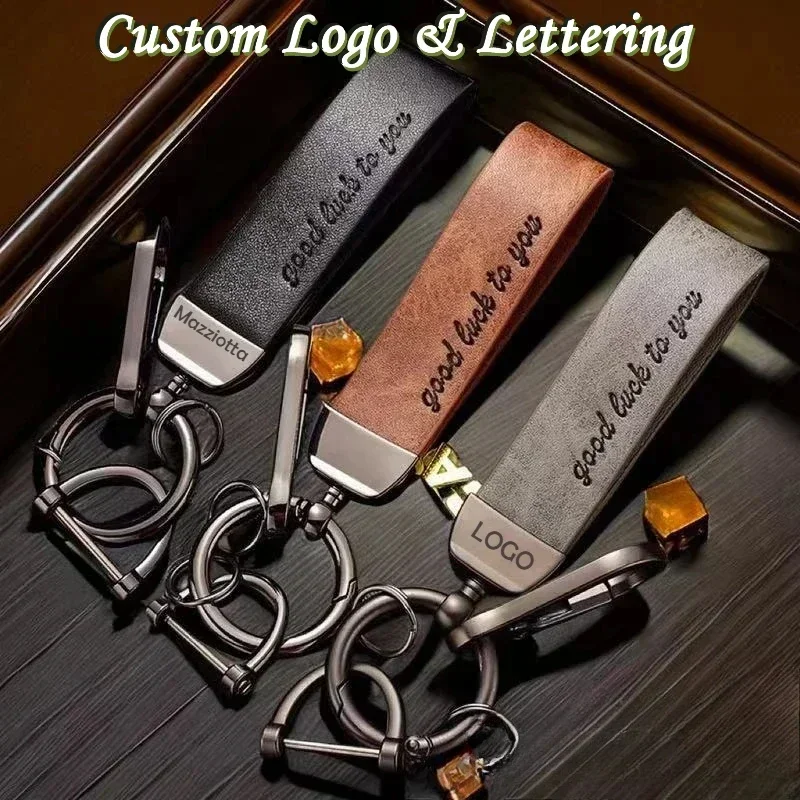 

Custom Logo Key Chain Crazy Horse Genuine Leather Keychain Vintage Laser Engraved Door Access Card for Men and Women Keyring