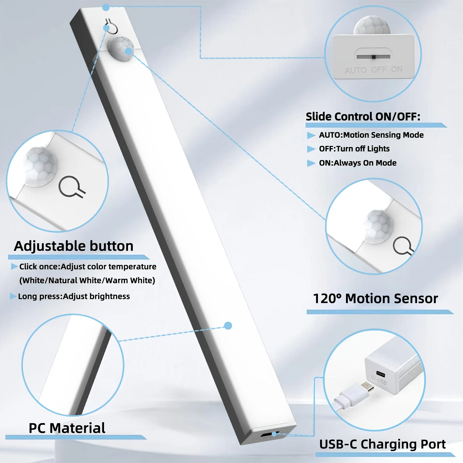 3pcs LED Motion Sensor - Dimmable Cabinet Lights, USB Rechargeable,3Color Modes,Night Light, for Bedroom,Staircase, Kitchen,Room image 4