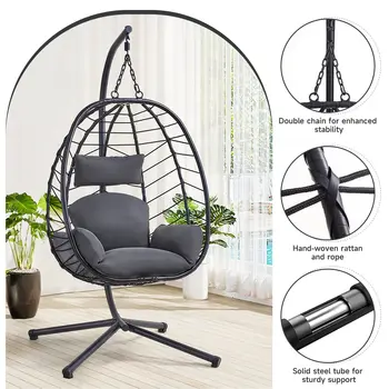 Silla colgante con forma de huevo y cojín, para interior y exterior, de mimbre y ratán, con cadenas dobles, capacidad de 159 kg. 8 best sales Columpio de interior - №2