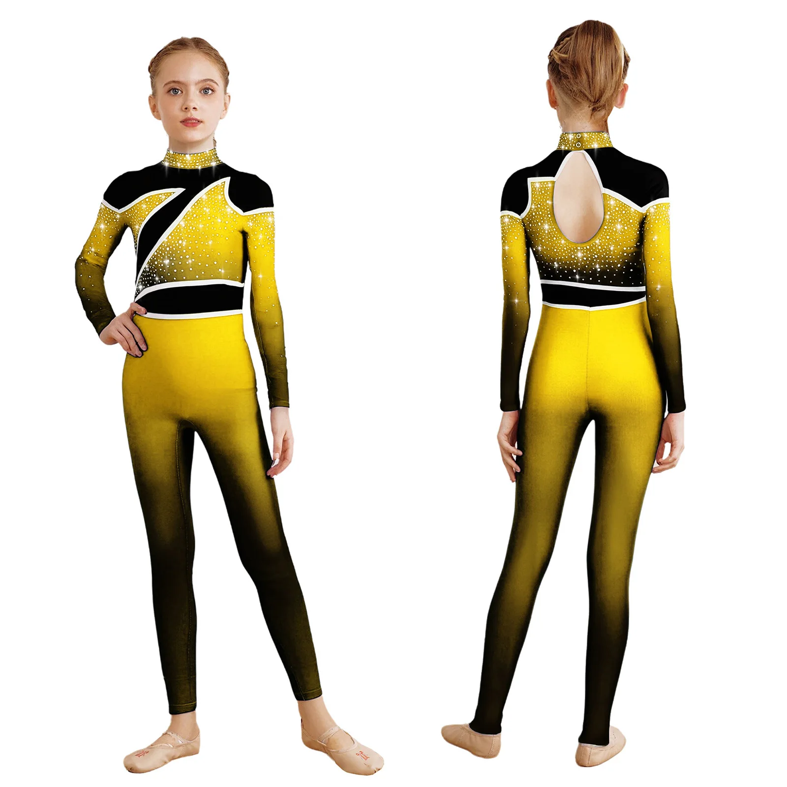 

Kids Girls One-piece Jumpsuit Acrobatics Gymnastics Ballet Dance Leotard Rhinestones Color Block Gradient Long Sleeve Bodysuit