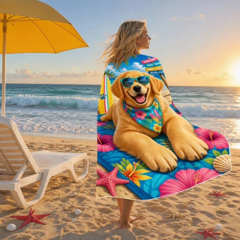 Newest Tropical Golden Retriever Dog Print Beach Towel Microfiber Quick Dry Large Beach Towel Summer Vacation