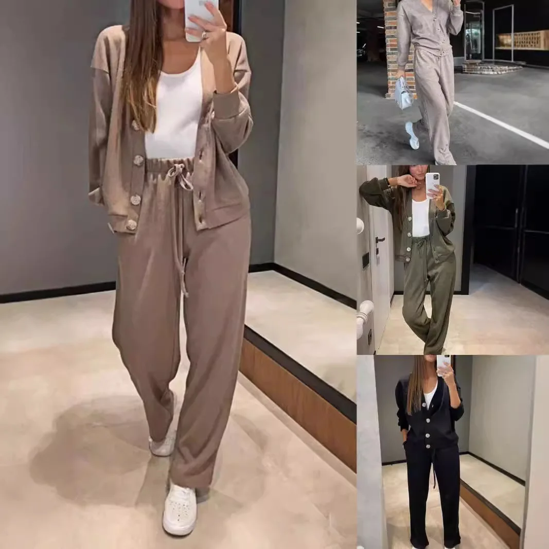 Solid Sports Comforty Casual Two Piece Set Women Spring V Neck Button Top Jacket & Sweatpant Outft Fall Long Sleeve Suit 2024