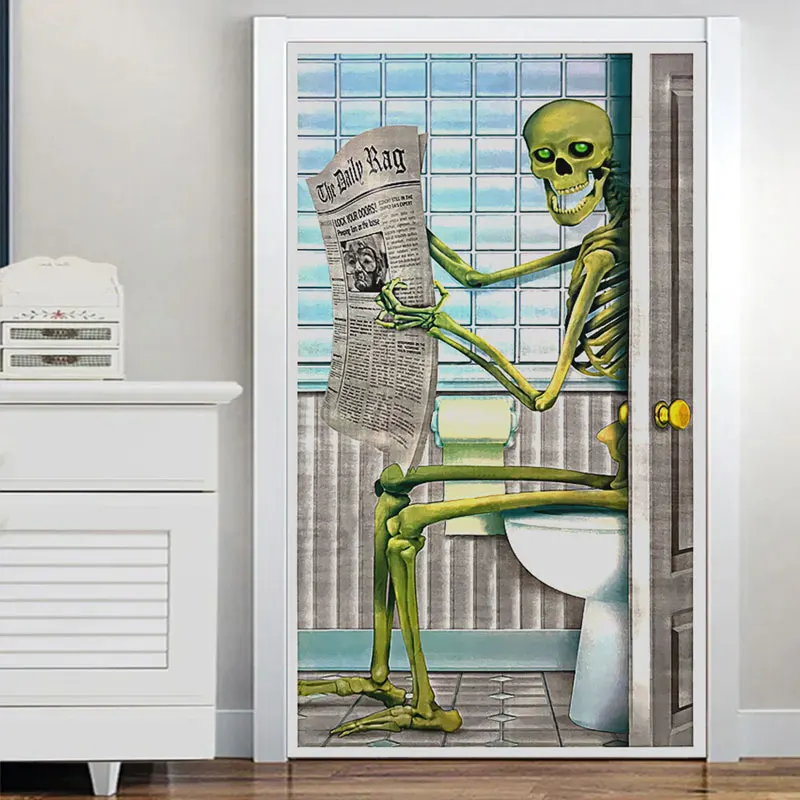 

1pcs Canvas Painting The Skeleton Man Is Squatting In The Toilet Wall Art,Human Skeleton Posters Halloween Horror 3D Door Mural