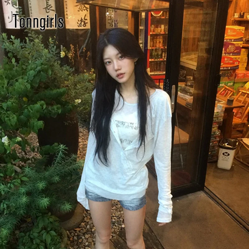 

Tonngirls Korean Style T-shirt Women See Through Print Fake Two Pieces Tops Y2k Vintage Grunge Tops 2000s Japanese Tshirts Loose