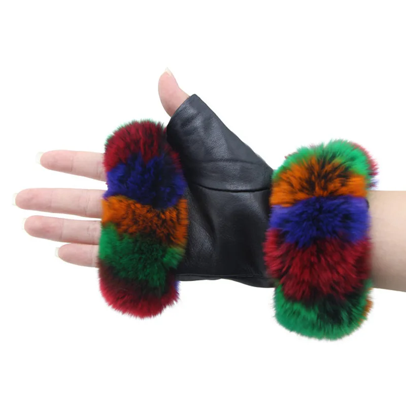 Sheepskin Half Finger Gloves Colorful Rabbit Hair Cuffs Women's Winter Fashion Outdoor Warm and Cold Proof Fur Gloves