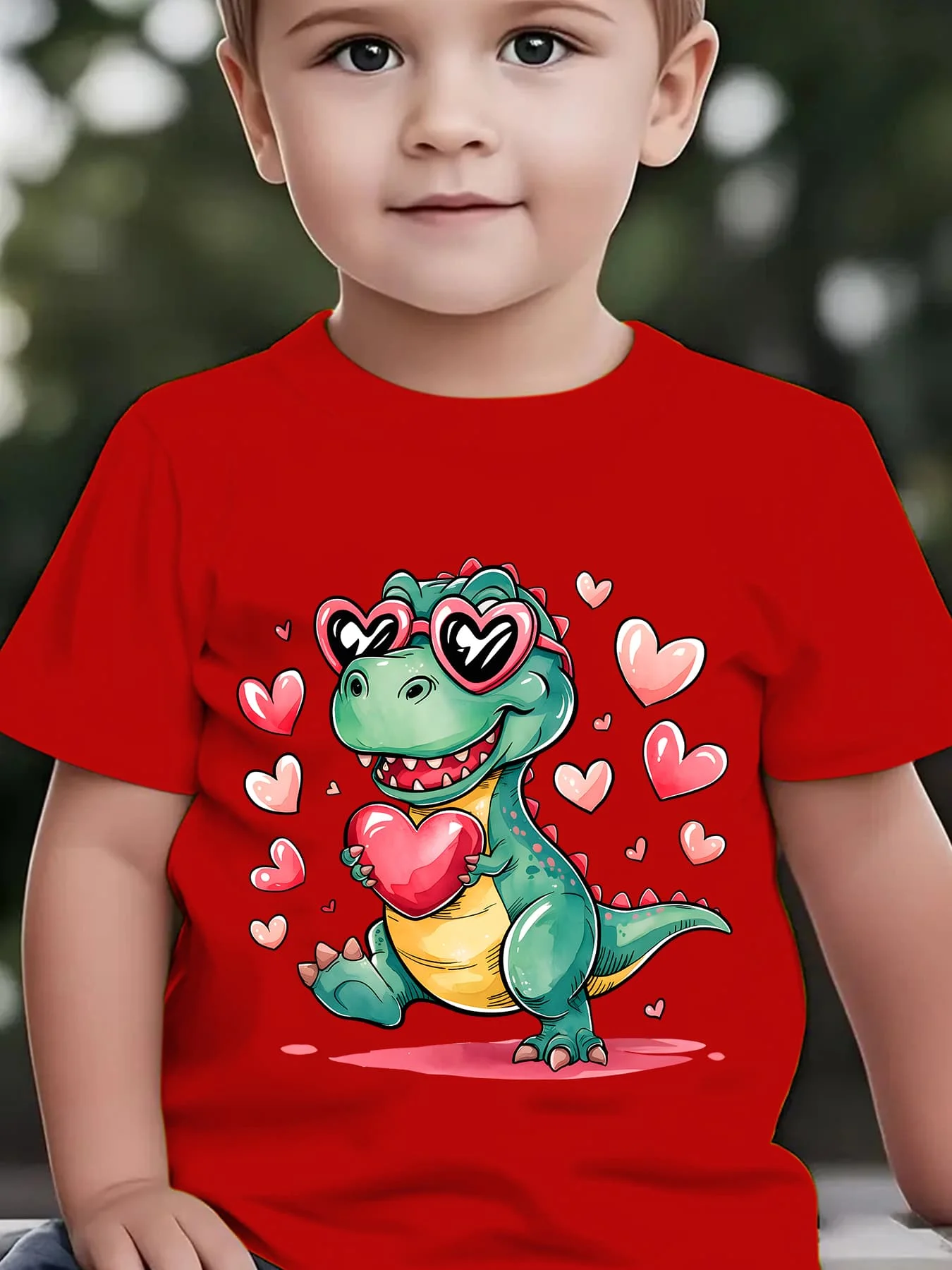 Summer Children's Fashionable  T-shirt with Happy Dinosaur Cartoon Pattern Printed Casual Parent-child Top Holding Love