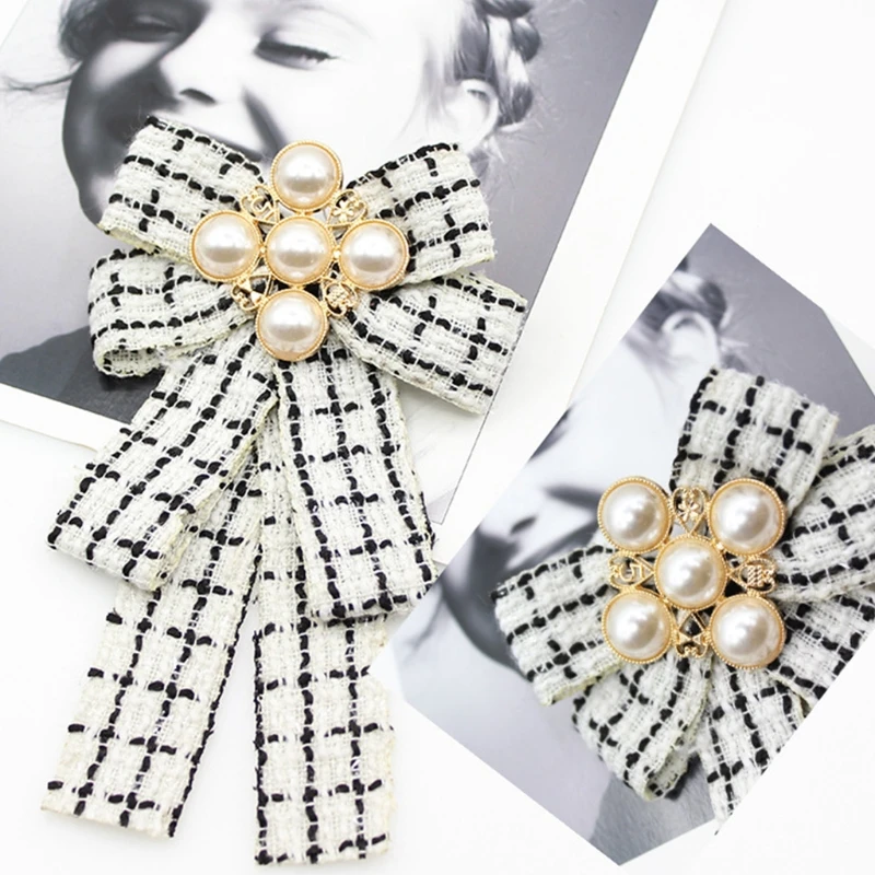 

Women Vintage Elegant Plaid Striped Print Pre-Tied Neck Tie Brooch Imitation Pearl Jewelry Ribbon Bow Tie Corsage for Shirt Coll