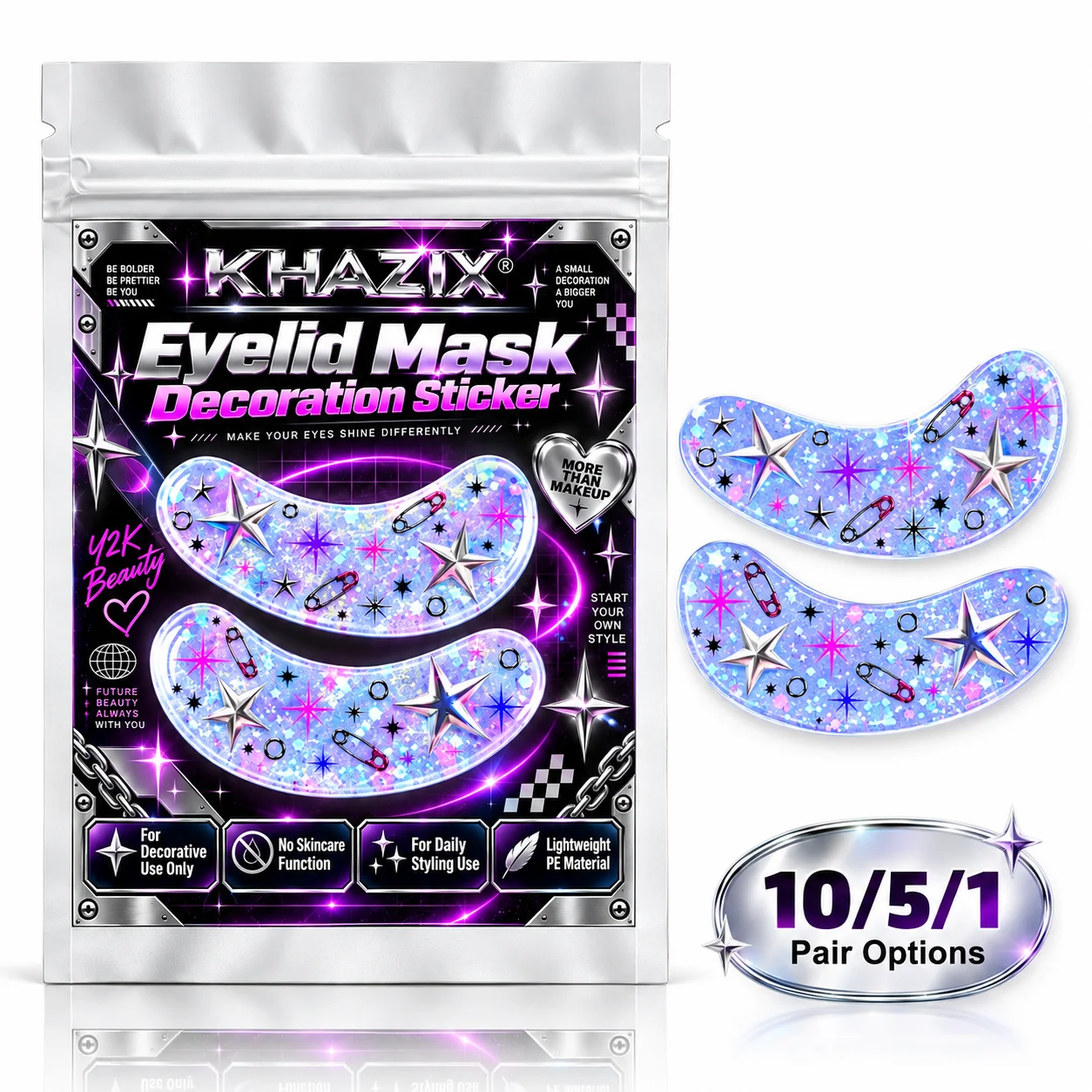 10/5/1 Pairs Y2K Cyberpunk Eye Stickers, Blue Glitter Star & Safety Pin Under-Eye Patches for Halloween Costume Makeup & Parties