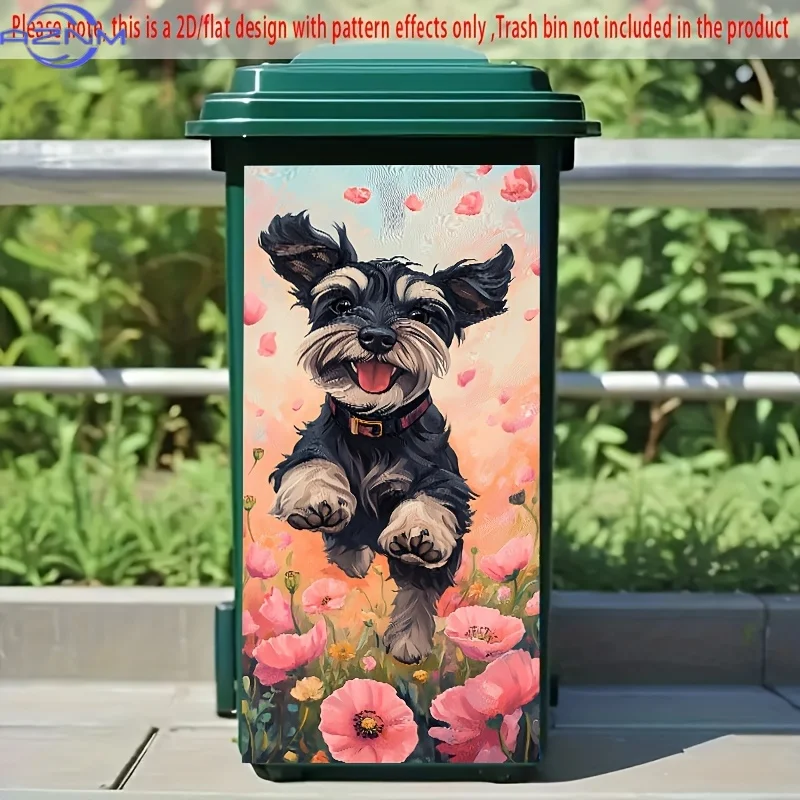 1pc 2D/Flat Trash Can Sticker, .01*cm, Running Puppy in Flower Field Pattern, Energetic Dog, Happy Vibe, Creative Trash Bin St