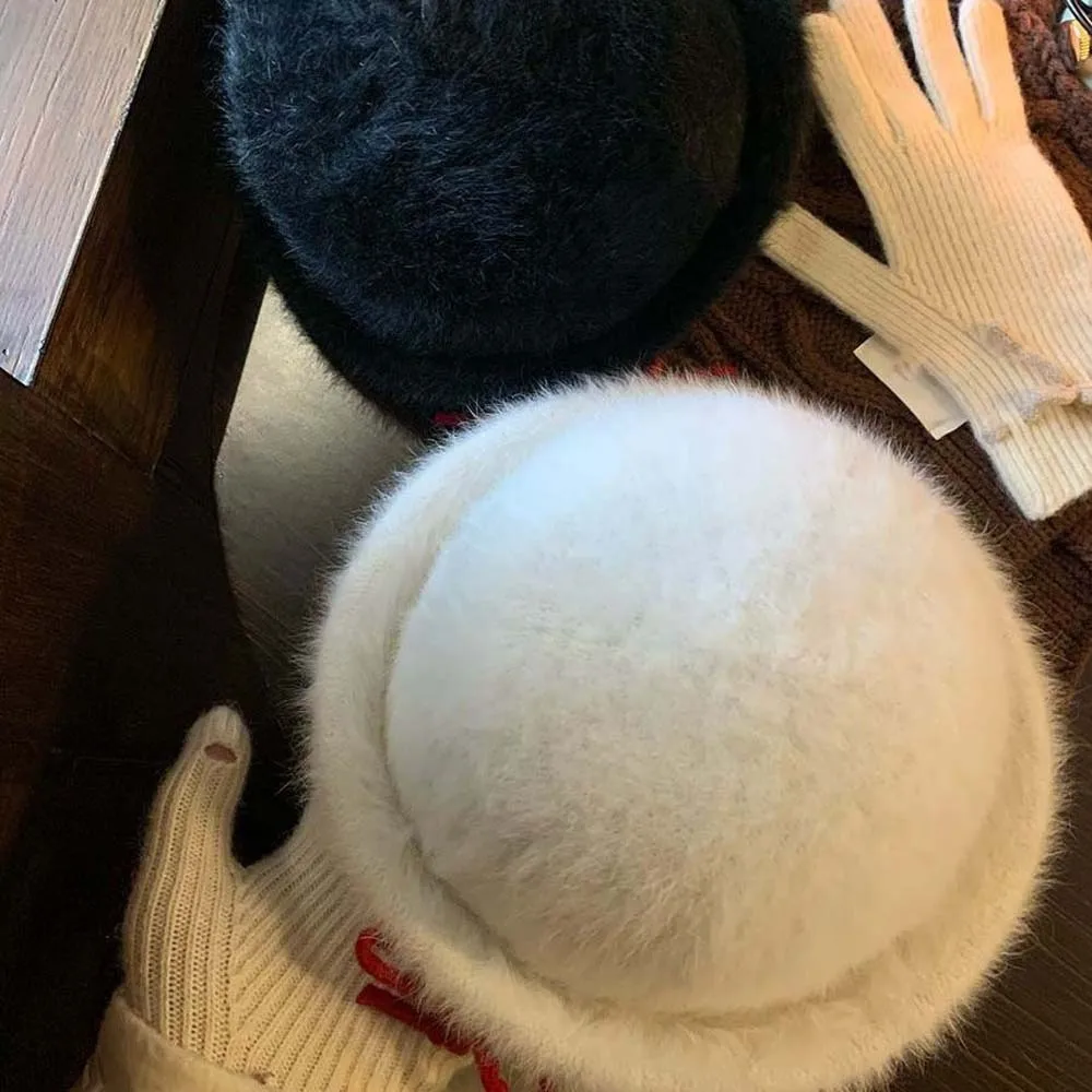Princess Hat Vintage Looking Black Bowler Hats Beret Versatile Woolen Bucket Cap Bow White Dome Hat Women