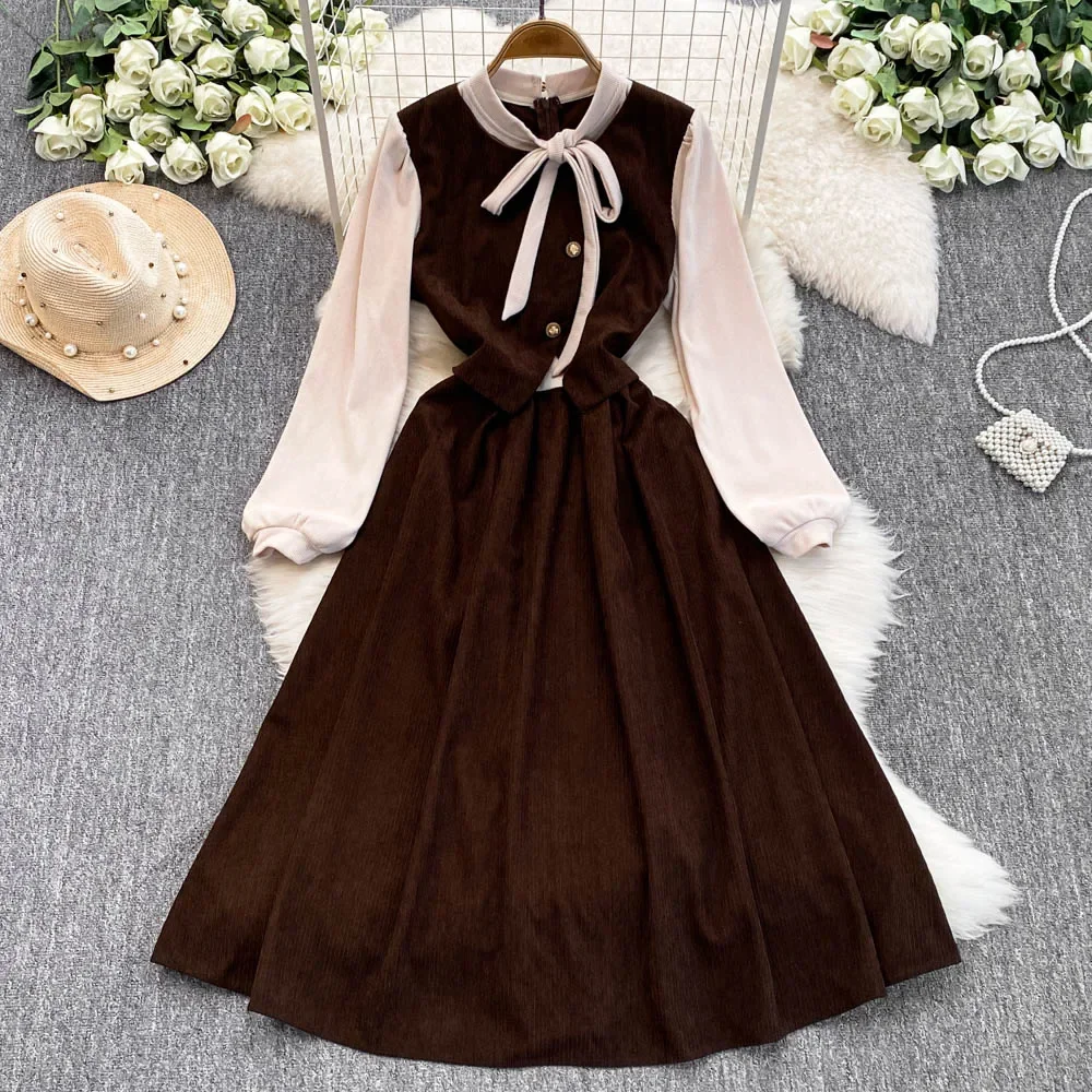 Elegante manga longa vintage o-pescoço bandagem chique emendado falso vestidos finos de duas peças francês high street inverno roupas tamanhos grandes