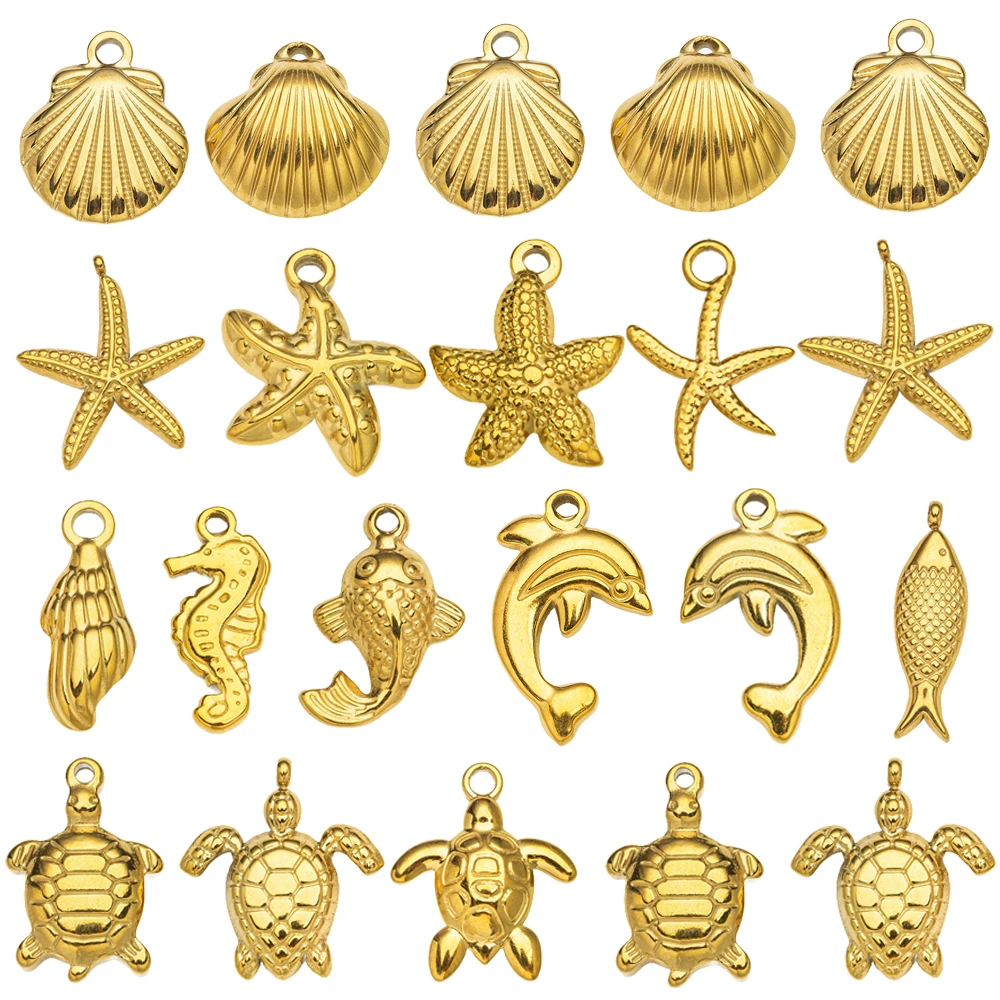 5pcs Stainless Steel Starfish Seashell Conch Charms Ocean Life Sea Animal Pendant for DIY Necklace Jewelry Making Craft Supplies