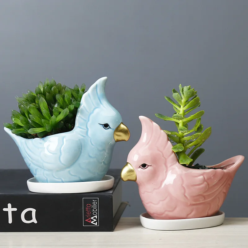 Handmade Cockatiel Bird Animal Ceramic Flower Pot Succulent Planter Mini Cactus Bonsai Desktop Tabletop Home Office Decor Gift