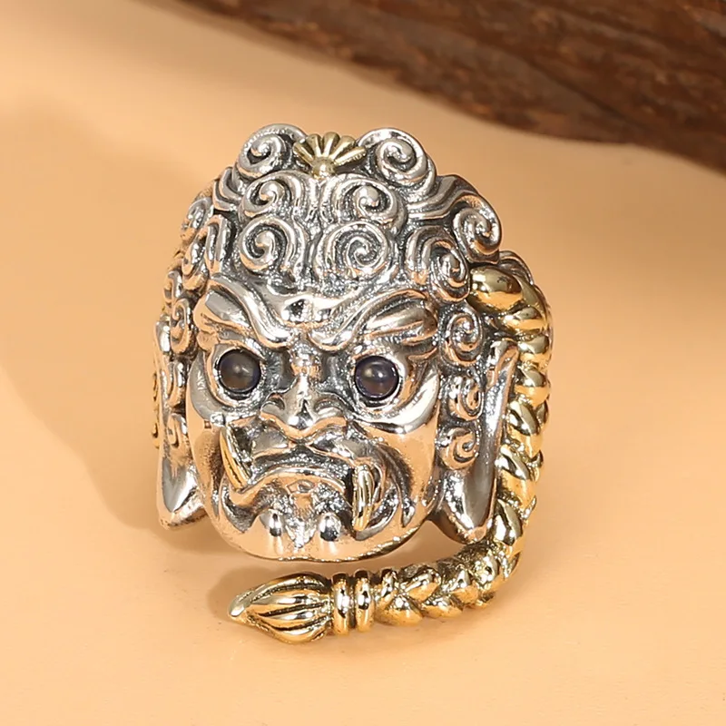 

Fudo mining king ring S925 Sterling Silver men'S open ring retro thai Silver exaggerated perSonality