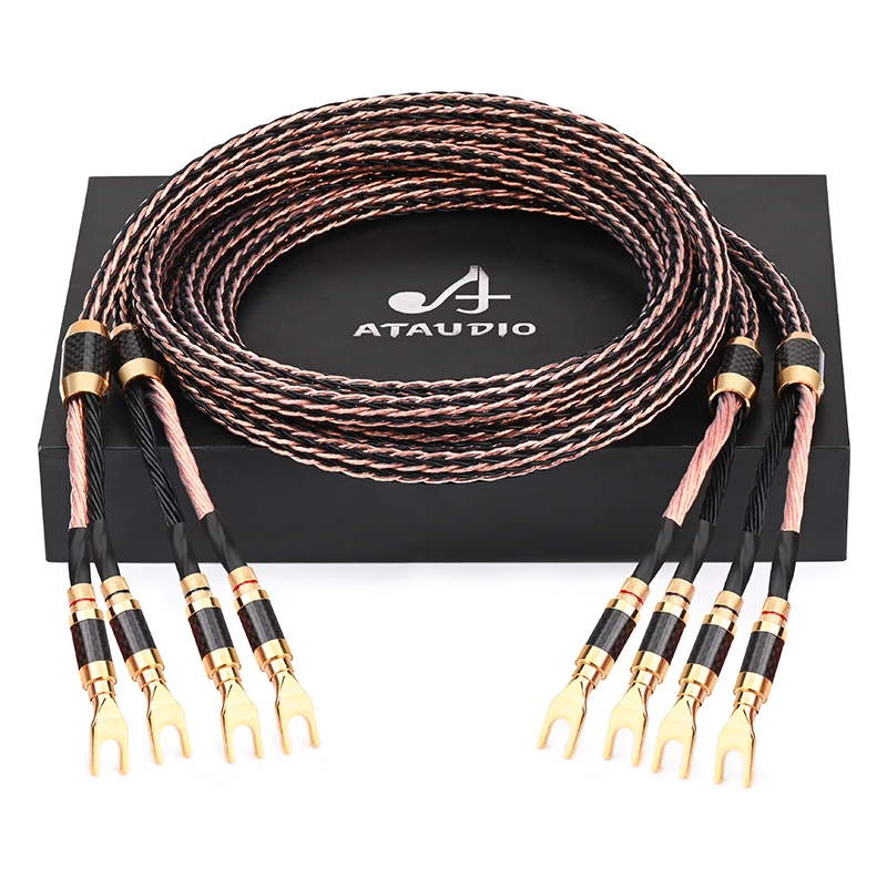 One Pair HiFi OCC Main Speaker Cable High-end Anti-noise Carbon Fiber Banana and Y Plug Speaker Audio Cable
