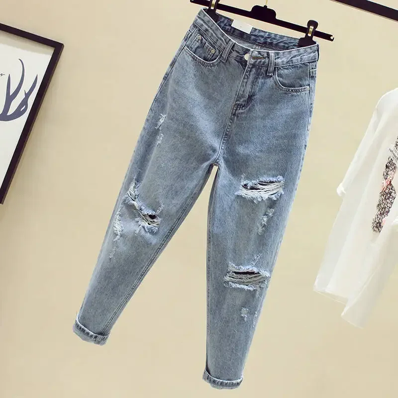 woman jeans autumn/winter Light color loose straight tall waist hollow out fashion woman's Trousers dropshipping