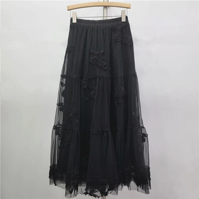 HKSH 봄 가을 신상 여성 스커트 자수 메쉬 플리츠 엘라스틱 웨이스트 프렌치 젠틀 엘레강트 A라인 스위트 인스 스커트 HK17229