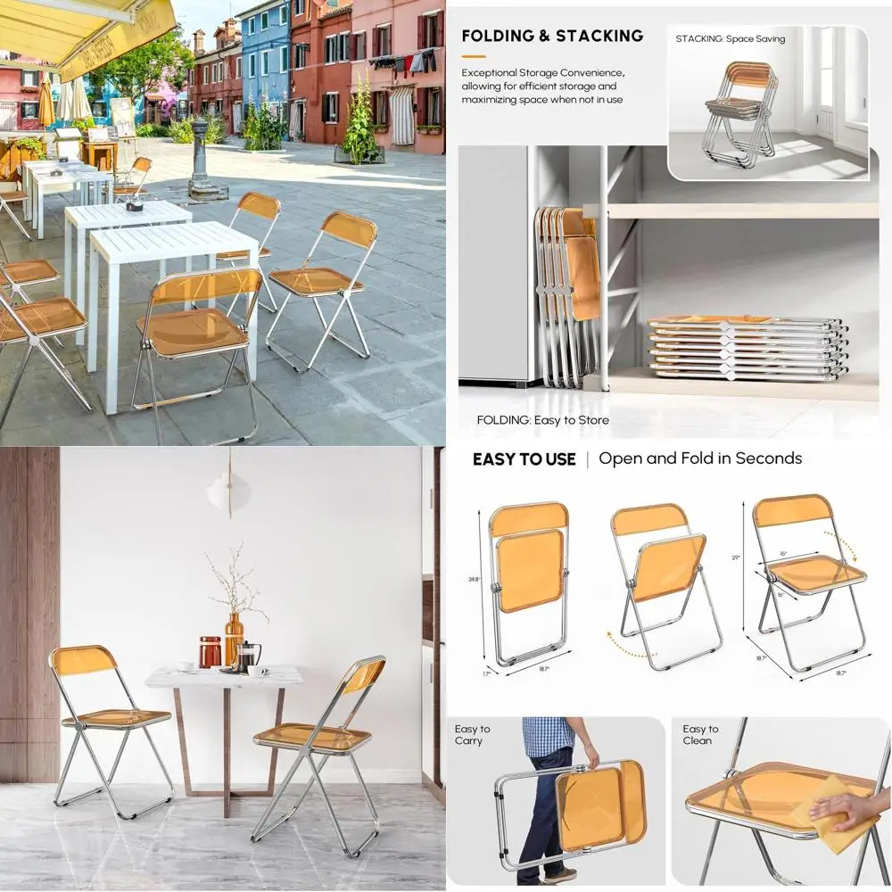 

Набор из 2 прозрачных акриловых складных стульев с металлическим хромированным каркасом, вмещает 350 фунтов, оранжевый.