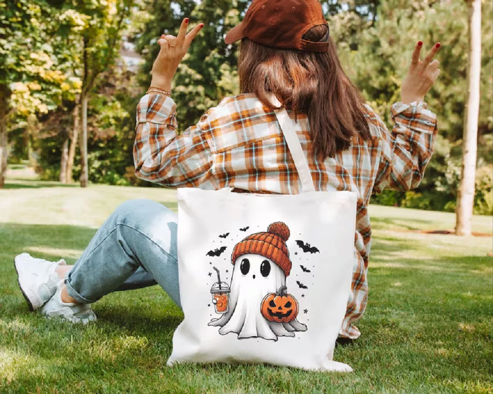 Borsa tote con zucca per festa di Halloween Borsa personalizzata per dolcetti o scherzetto per bambini Fantasma spettrale Sacco per caramelle carino