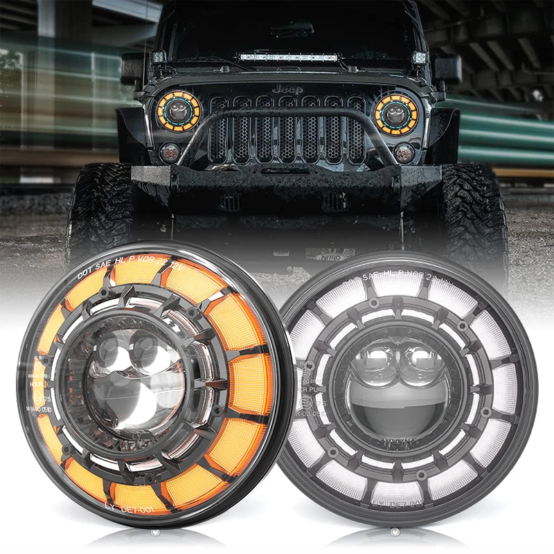 

For Jeep JK TJ OffRoad Defender Hummer 7'' LED DRL Headlight 7inch H4 Halo Angle Eyes DRL Headlamp For Lada Niva Suzuki Samurai
