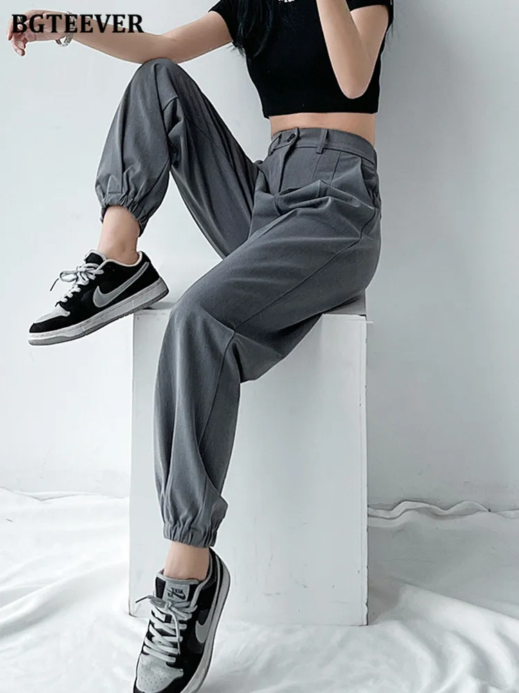 BGTEEVER Spring Summer Loose High Waist Women Harm Pants Casual Pockets Ankle-length Wide Leg Trousers Female