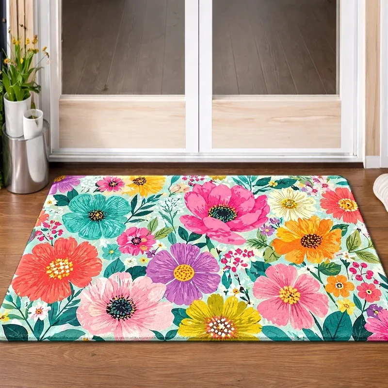 Vibrant Spring Floral Doormat Colorful Mixed Print Floor Mat Bright Botanical Rug for Indoor Entrance Front Door Home Decor