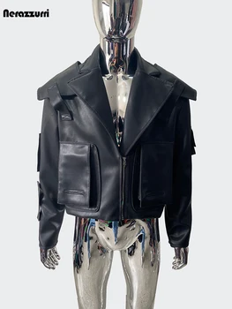 Nerazzurri Spring Autumn Cool Handsome Emo Hard Short Black Pu Leather Jacket Blazer Men with Three-dimensional Pockets Zipper