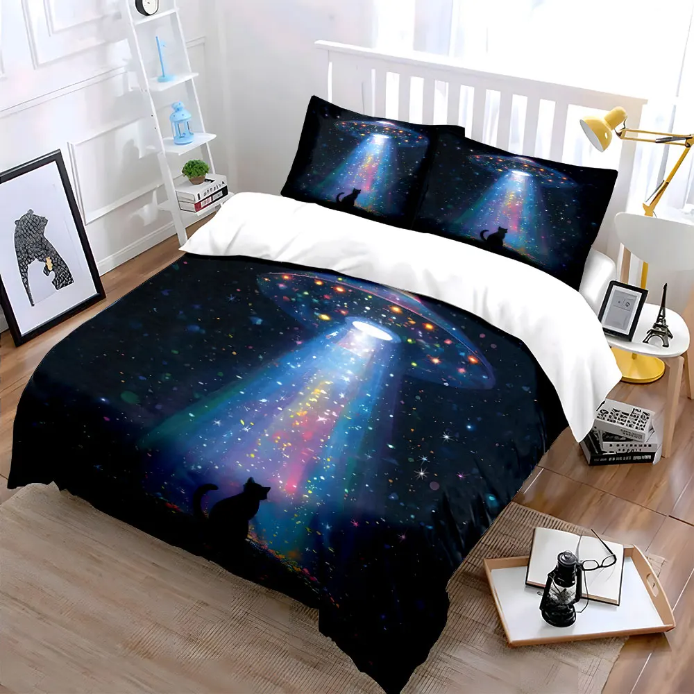 Mysterious Cat and Dreamy UFO Beam Duvet Cover Set with 3D Printing Design Soft Polyester Bedding Set All-Season Comfort