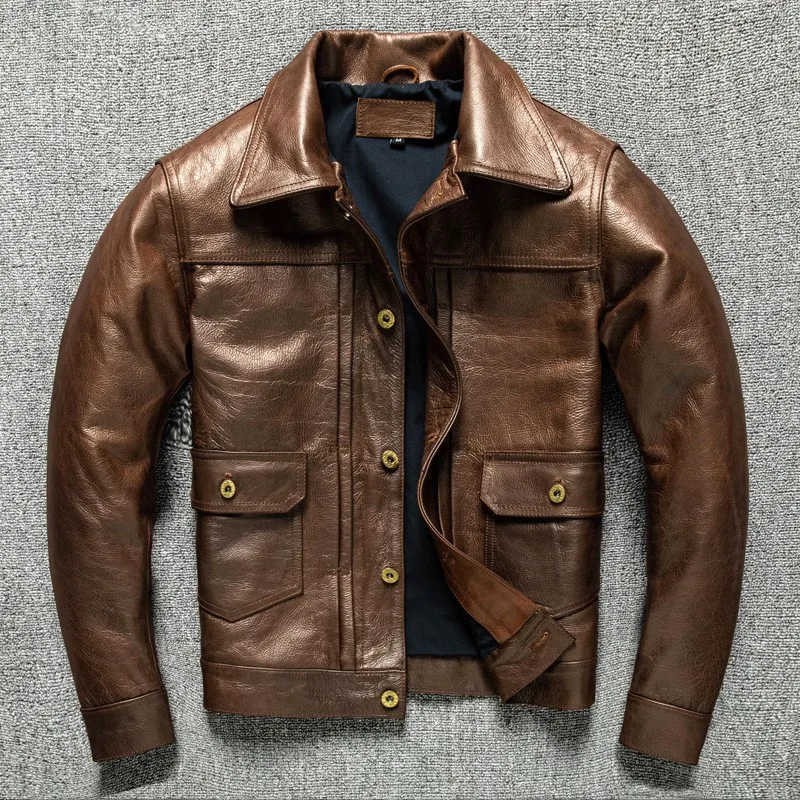 

New oil-wax top layer cowhide leather for men short lapel coat