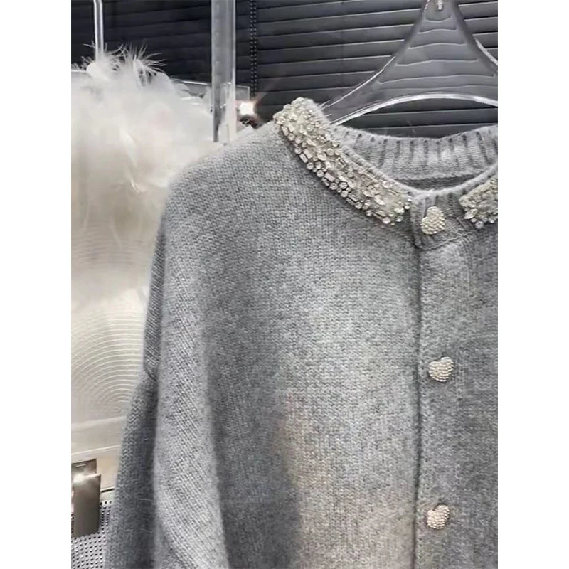 Vintage przycięty sweter dziergany damski elegancki diamentowy patchworkowy sweter odzież wierzchnia koreańska dzianina z długim rękawem zimowe swetry