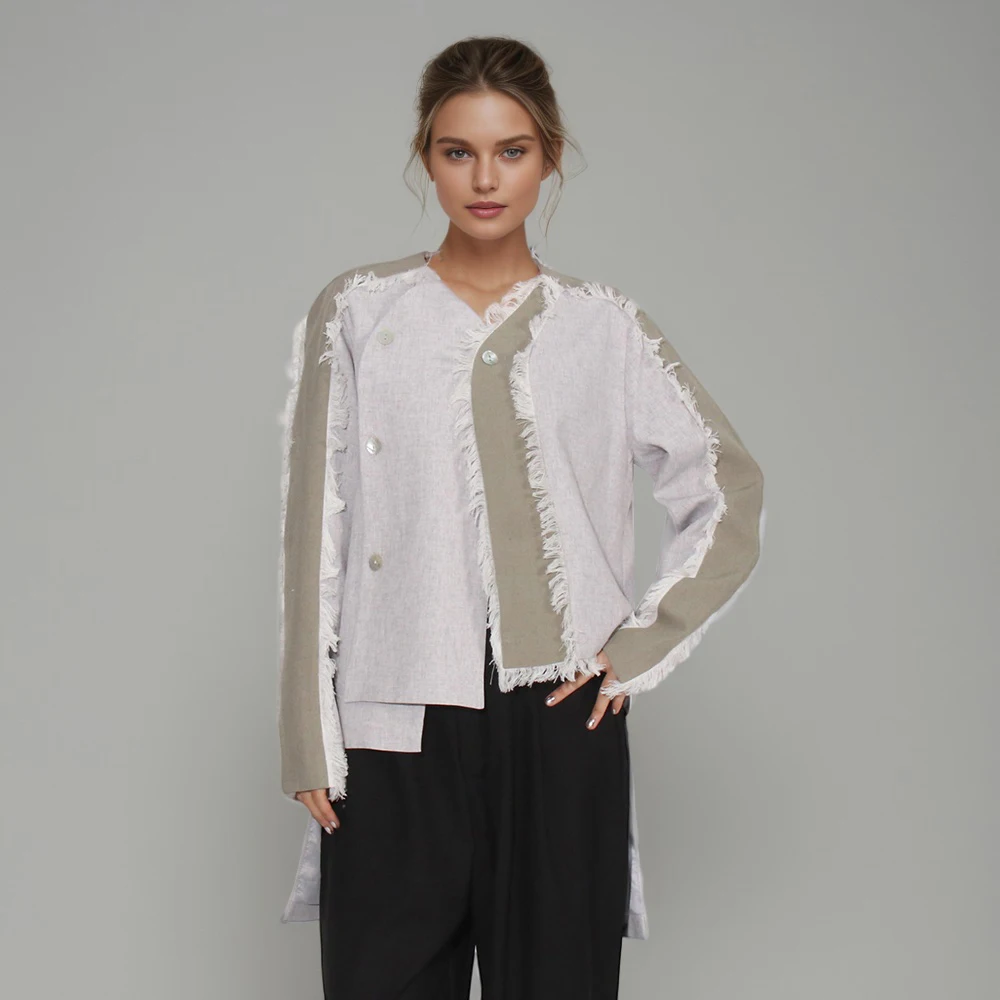 

Hit Color Asymmetric Casual Jacket For Women V Neck Long Sleeve Spliced Button Slimming Casual Coats Female Fashion