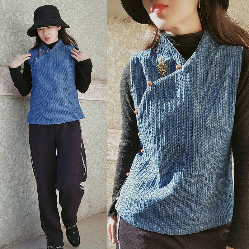 

Retro Original Chinese Sle Women's Embroidered Denim Jaet New Arrival Spring Autumn Winter Season Side Buttoned Vest Top