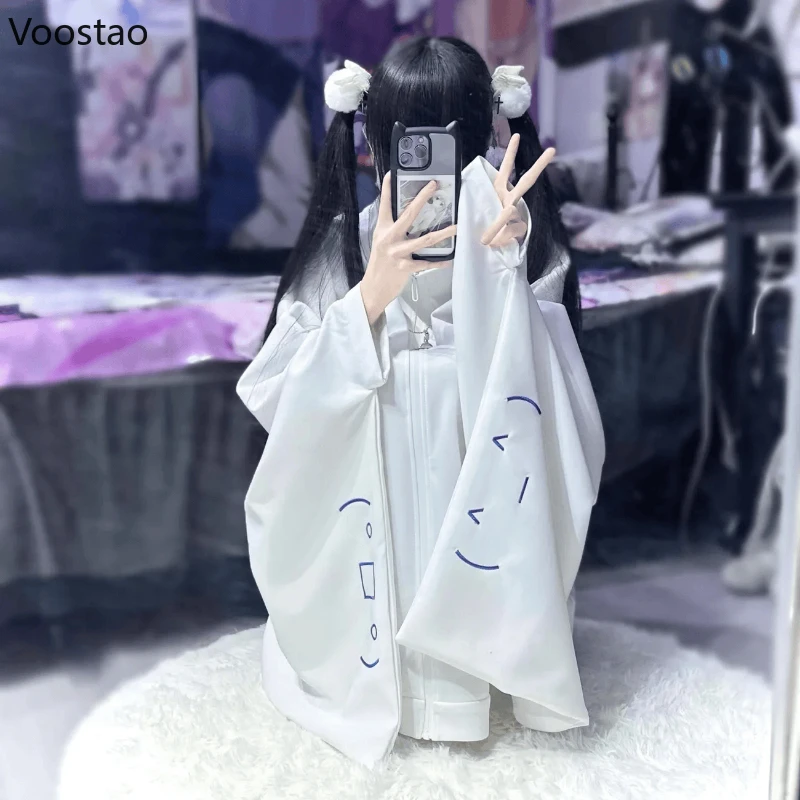 Japanese Kawaii White Hoodies Women Y2k Aesthetic Oversized Embroidery Jacket Harajuku Zipper Grunge Loose Sweatshirts Autumn