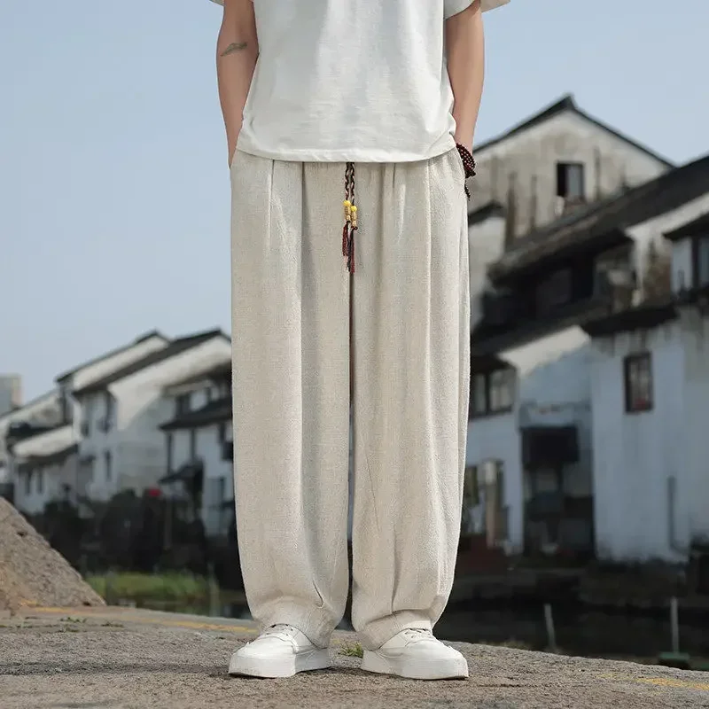 

Male Trousers Pocket Men's Pants Linen Wide Thin Summer Loose Straight Baggy Long Streetwear Low Price Stylish Big Size JJ1080