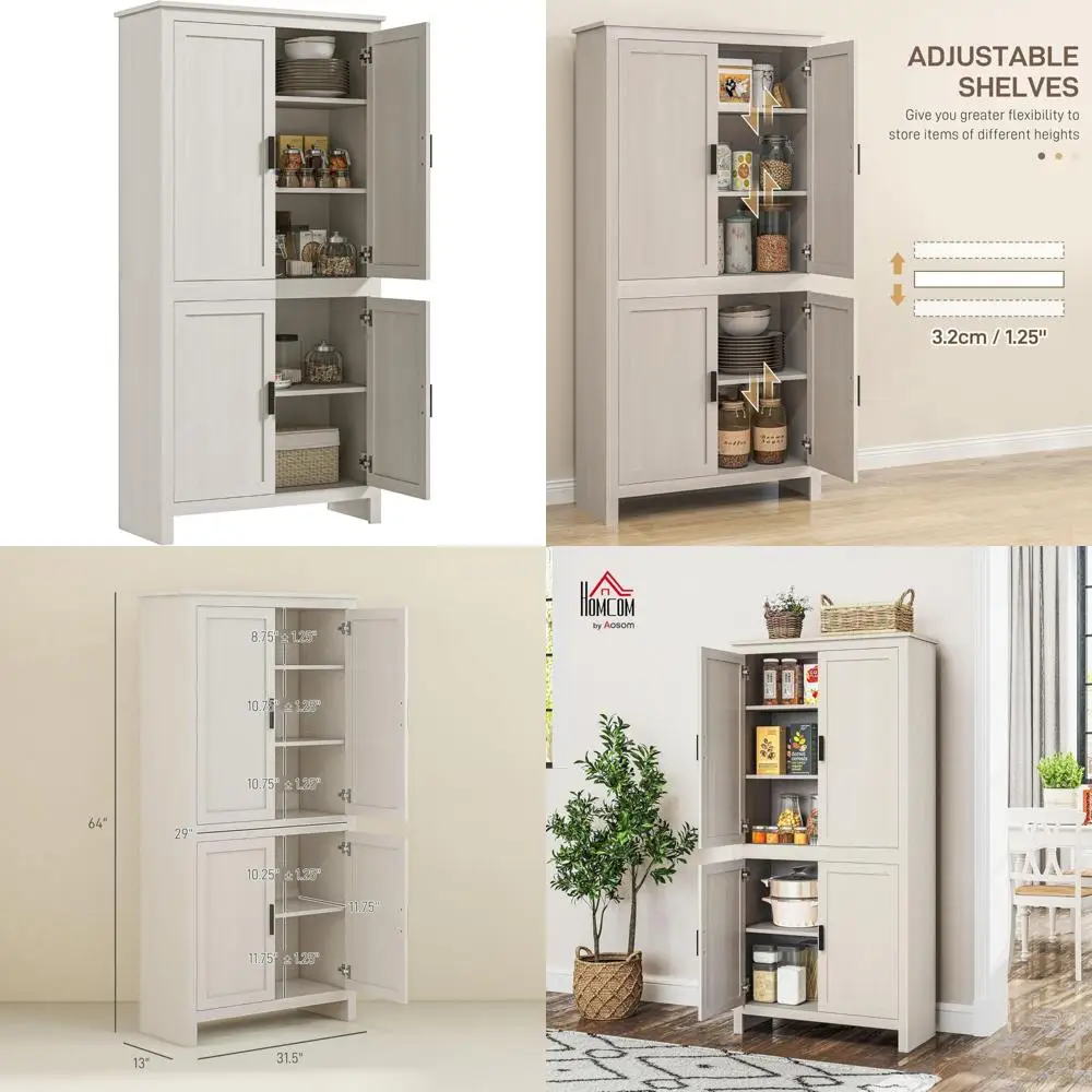 

Кухонный шкаф для кладовой, отдельно стоящее хранилище с 4 дверцами, 3 регулируемыми полками, столовая, античный белый цвет