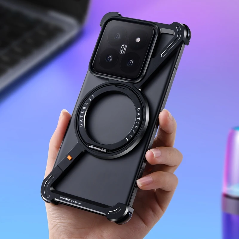 Oatsbasf Z Shape Case for Xiaomi 14/14pro/14u All Metal Magnetic Frameless Protective Phone Cover with 360°Rotation Kickstand