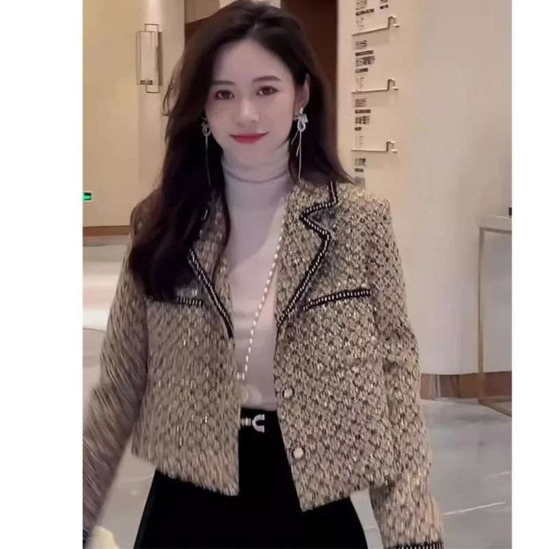 Suit collar Wool Jacket ong sleeved small Fragrant Style Short Jacket, Women\'s Autumn 2024 New High-End Cardigan Top Lady Blazer